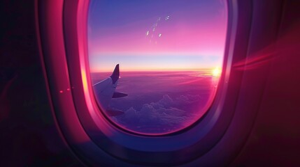 The view from an airplane window reveals the majestic sight of the aircraft's wing against a backdrop of a stunning sunset. - obrazy, fototapety, plakaty