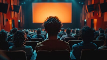 Detailed audience in cinema, watching a yet-to-start movie, screen blank - obrazy, fototapety, plakaty