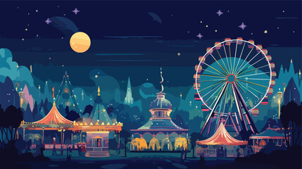 A thrilling amusement park at night  - obrazy, fototapety, plakaty