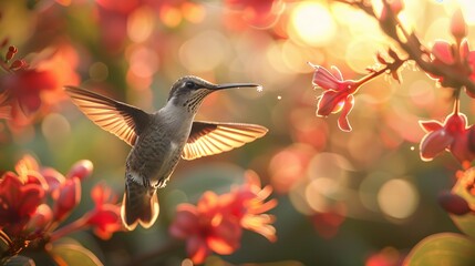 Close detailed view of a hummingbird in nectar heaven, spotlight on species cooperation - obrazy, fototapety, plakaty