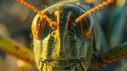 Grasshopper's eyes, contrast against the subtle background, in the golden hour light