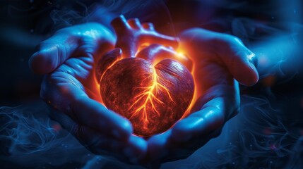 Glowing human heart in hands doctor. a naturalistic model of a Human Heart: A Detailed Medical Illustration