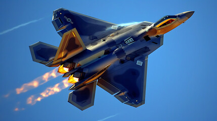 Jet fighter F-22 Raptor flying fast through the blue sky and orange glow of its engines