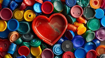 Cap collecting: An eco-friendly container for plastic caps designed in the shape of a heart,...