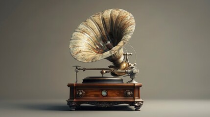 A detailed shot of a vintage phonograph, focusing on its horn and turntable, set against a simple, elegant background - obrazy, fototapety, plakaty