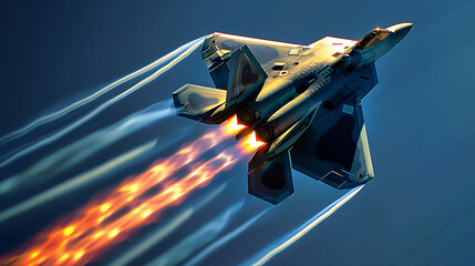 Jet fighter F-22 Raptor flying fast through the blue sky and orange glow of its engines