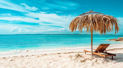 A Beach Umbrella and Lounge Chair on White Sand in Seaview with Blue Sky - obrazy, fototapety, plakaty