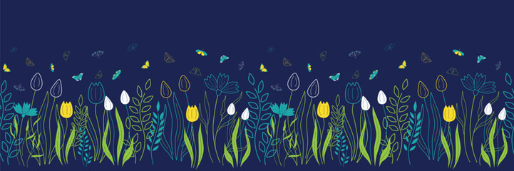 Obraz na płótnie Canvas Floral seamless border with tulips,vines and butterflies for spring decoration. Cute endless print for wallpaper, easter border, banner, card or other design. Vector illustration. Not AI created.