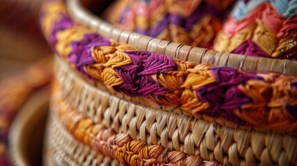 A detailed view of an intricate, hand-woven basket showcasing the precision and artistry of the weaver