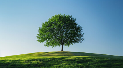 Fototapeta na wymiar Huge Green Tree in a hilly Meadow under a Clear Sky