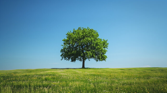 Single tree in the green field with blue sky in the background