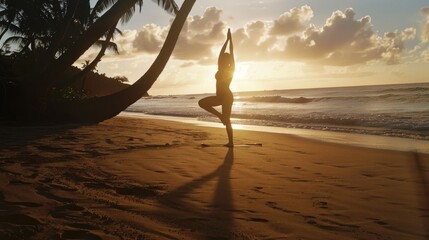Silhouette of a woman in a yoga pose at the beach in the morning