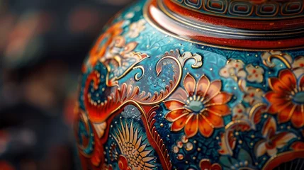 Fotobehang A detailed view of an ornate, hand-painted ceramic vase, with vibrant colors and intricate patterns © Shabi Cheena