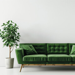 Green Sofa with a Plant pot Beside on White Background
