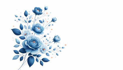 A delicate blue rose arrangement in the far right corner against a white background only with a...