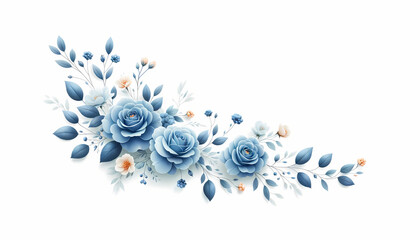 A delicate blue rose arrangement in the corner against a white background only with a 16:9 aspect ratio. The composition should feature detailed orange orchid 