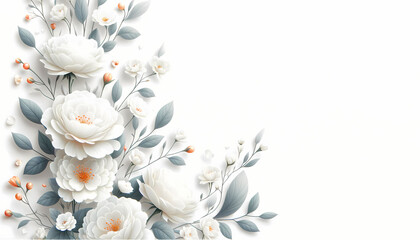 A delicate white rose arrangement in the far left corner against a white background only with a 16:9 aspect ratio. The composition should feature detailed white rose
