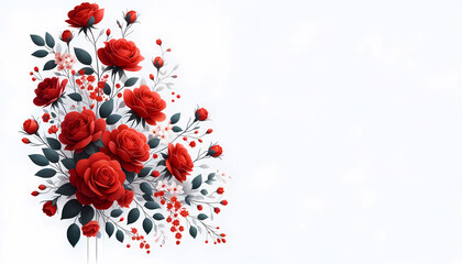 A delicate red rose arrangement in the far left corner against a white background only with a 16:9 aspect ratio. The composition should feature detailed red rose