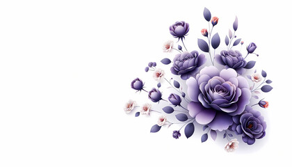 Design a delicate purple floral arrangement in the far right corner against a pure white background