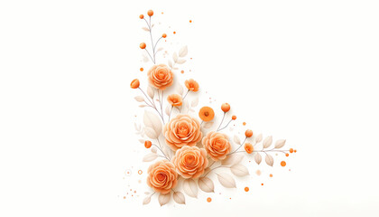 Design a delicate orange floral arrangement in the far left corner against a pure white background 