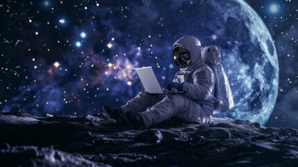 Obraz premium Astronaut on the Moon is using a laptop
