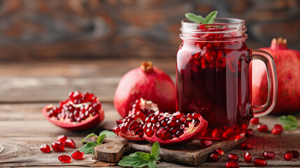 Pomegranate Juice in mason jar with Whole and Sliced Pomegranate  - obrazy, fototapety, plakaty