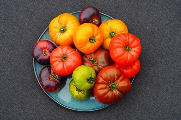 Bowl of colorful heirloom tomatoes in Provence, France