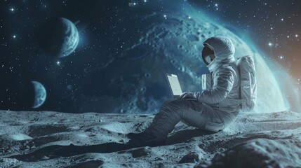 Fototapeta premium Astronaut on the Moon is using a laptop