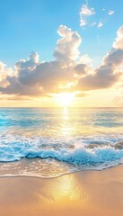 Fototapeta na wymiar Tranquil coastal sunset serene ocean beach with colorful sky and island silhouette