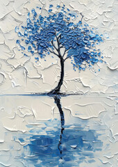 artistic textured acrylic painting of a blue tree reflected on water