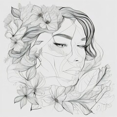 Abstract female face in one line. Woman face with flowers Surreal Line art female floral girl. Minimalism Abstract modern Continuous single line woman face portrait
