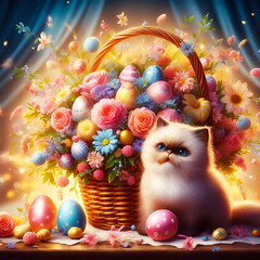 Easter eggs and flowers, a cute baby Himalayan cat in holiday, Wall Art for Home Decor, Wallpaper and Background for Mobile Cell Phone, Smartphone, Cellphone, desktop, laptop, Computer, Tablet - obrazy, fototapety, plakaty