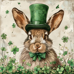 Rabbit in green hat with clover. St. Patrick's Day illustration.