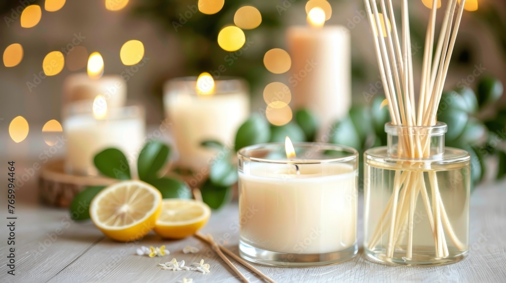Poster tranquil spa setting with lit candles and aromatic diffuser on table, softly illuminated background