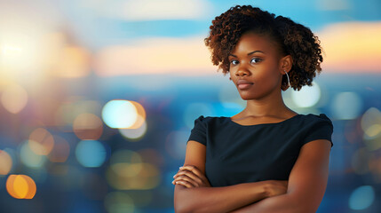 Portrait of a young black confident businesswoman with an urban view behind her with a space for text