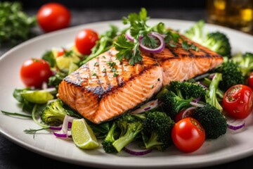 Grilled salmon fillet and fresh green vegetable salad on plate, delicious restaurant food menu