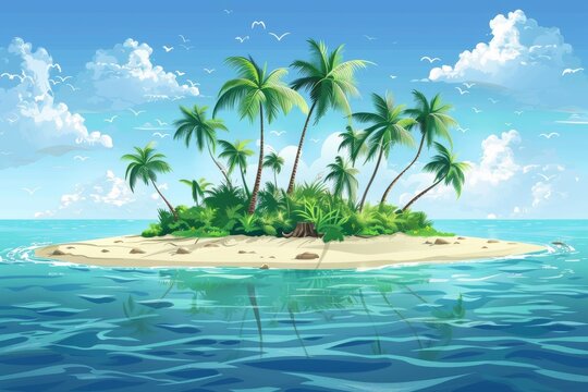 Beautiful tropical island with palm trees and a beach.
