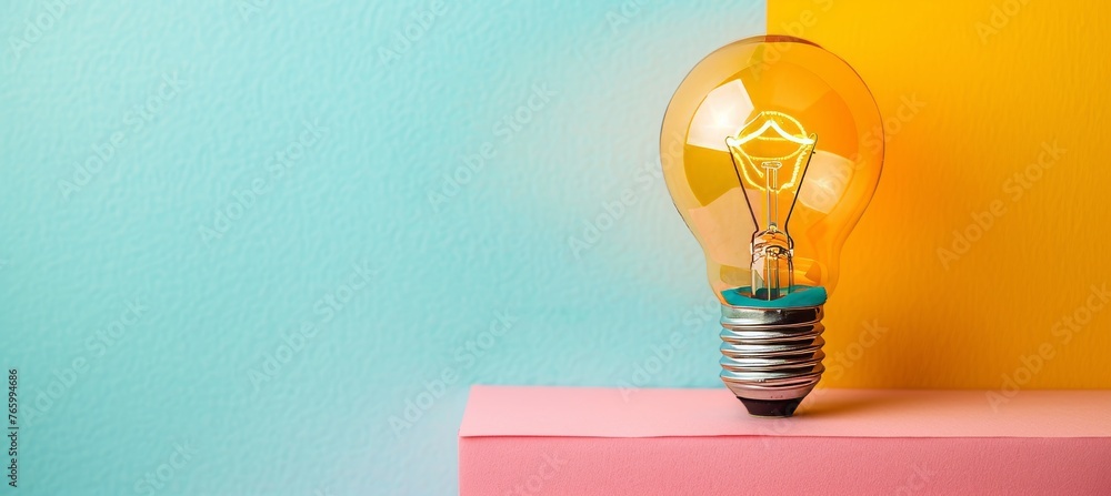 Aufkleber bright light bulb glowing on block with ample space for text placement on plain backdrop
