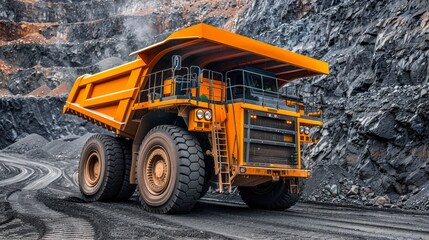 Large yellow anthracite mining truck in open pit coal mine industry for efficient extraction