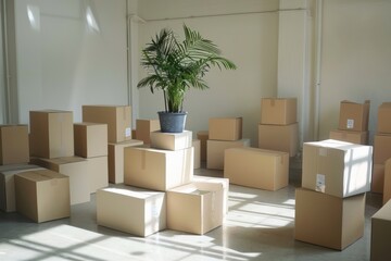 Empty room with cardboard boxes and a pot with a plant. Moving to a new apartment, moving day.