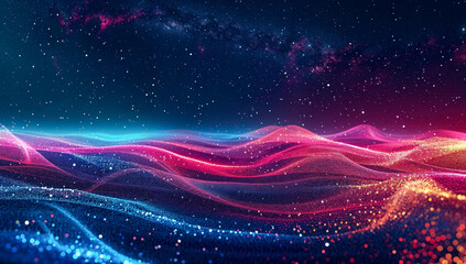 Multi colored waves of lights on dark background, technological design, dark azure and pink, line and dots.	