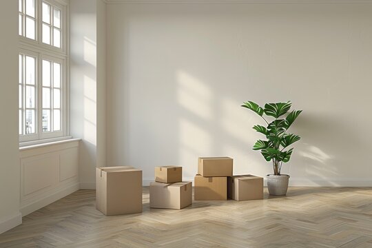 Empty room with cardboard boxes and a pot with a plant. Moving to a new apartment, moving day.