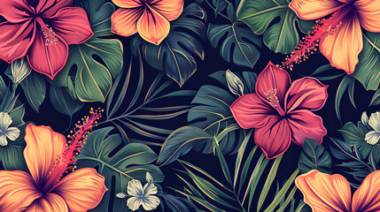 seamless pattern with hand-drawn compositions of tropical flowers