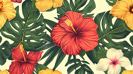 seamless pattern with hand-drawn compositions of tropical flowers