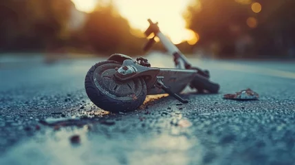 Fotobehang Close up of severely damaged electric scooter on street, highlighting crash impact © Ilja