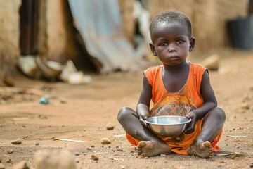 a poor African child sits on the ground with a bowl. concept of poor starving children in African countries