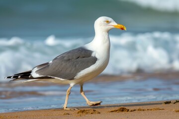 Fototapeta na wymiar close-up of a seagull walking on the beach, beautiful seascape 