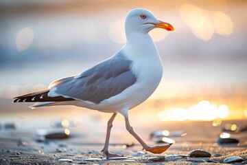 close-up of a seagull walking on the beach, beautiful seascape  - obrazy, fototapety, plakaty