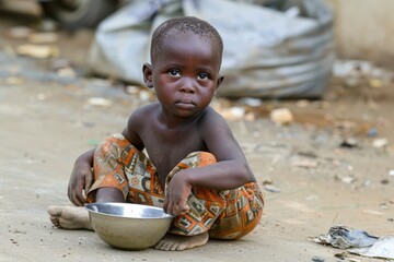 a poor African child sits on the ground with a bowl. concept of poor starving children in African countries - obrazy, fototapety, plakaty
