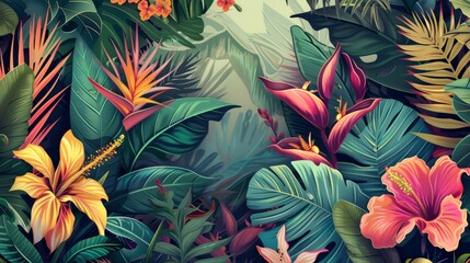 Tropical background. Exotic Landscape, Hand Drawn Design. Luxury Wall Mural. Leaf and Flowers...